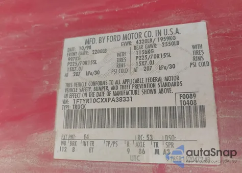 1999 Ford Ranger Xl/Xlt из США, поврежденный, VIN 1FTYR10CXXPA38331